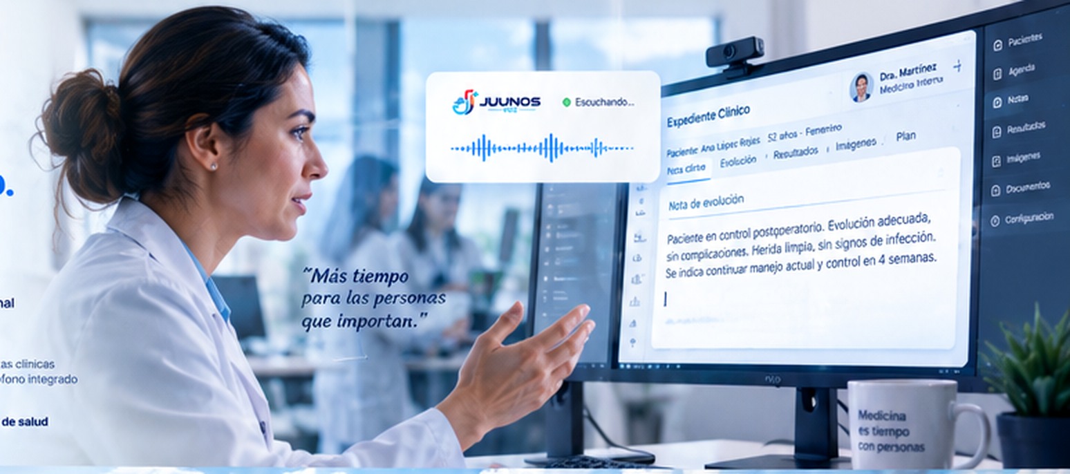 Médica trabajando frente a una computadora con documentación clínica visible