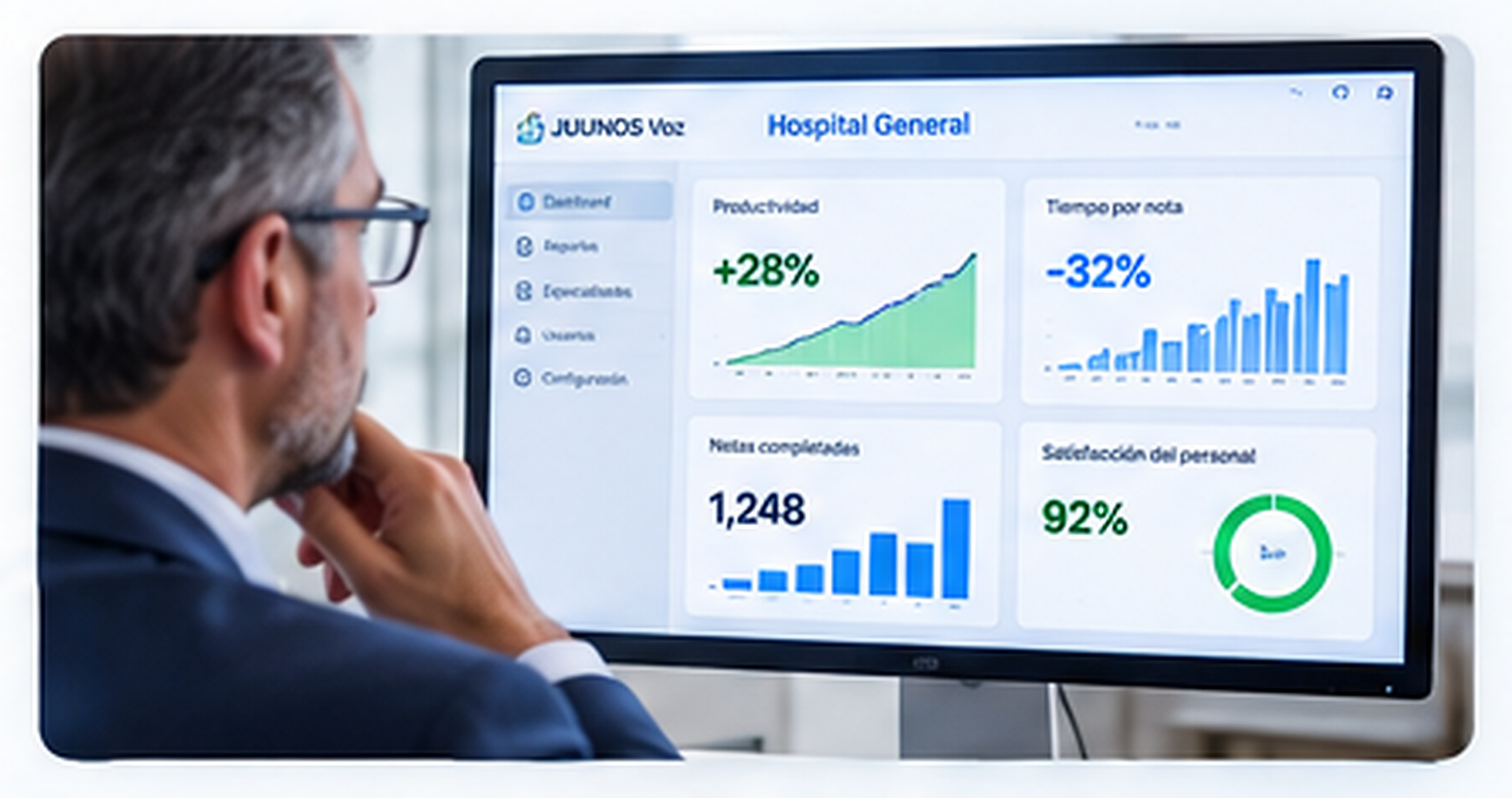 Administrador de salud observando información institucional en una estación de trabajo